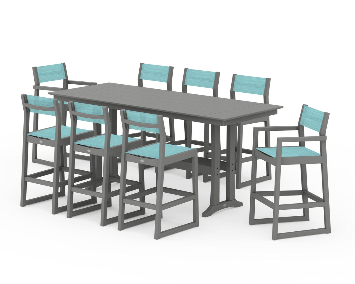 POLYWOOD EDGE Sling 9-Piece Farmhouse Bar Set with Trestle Legs in Slate Grey / Dupioni Aquamarine