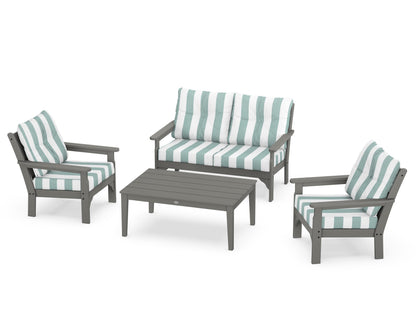 POLYWOOD Vineyard 4-Piece Deep Seating Set with Two Chairs and Loveseat in Slate Grey / Cabana Stripe Glacier Spa