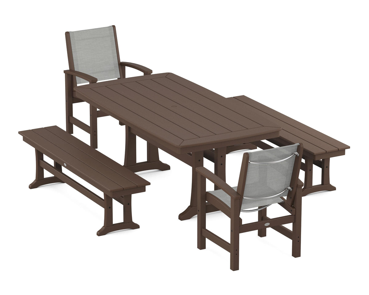 POLYWOOD Coastal 5-Piece Dining Set with Trestle Legs and Benches in Mahogany / Metallic