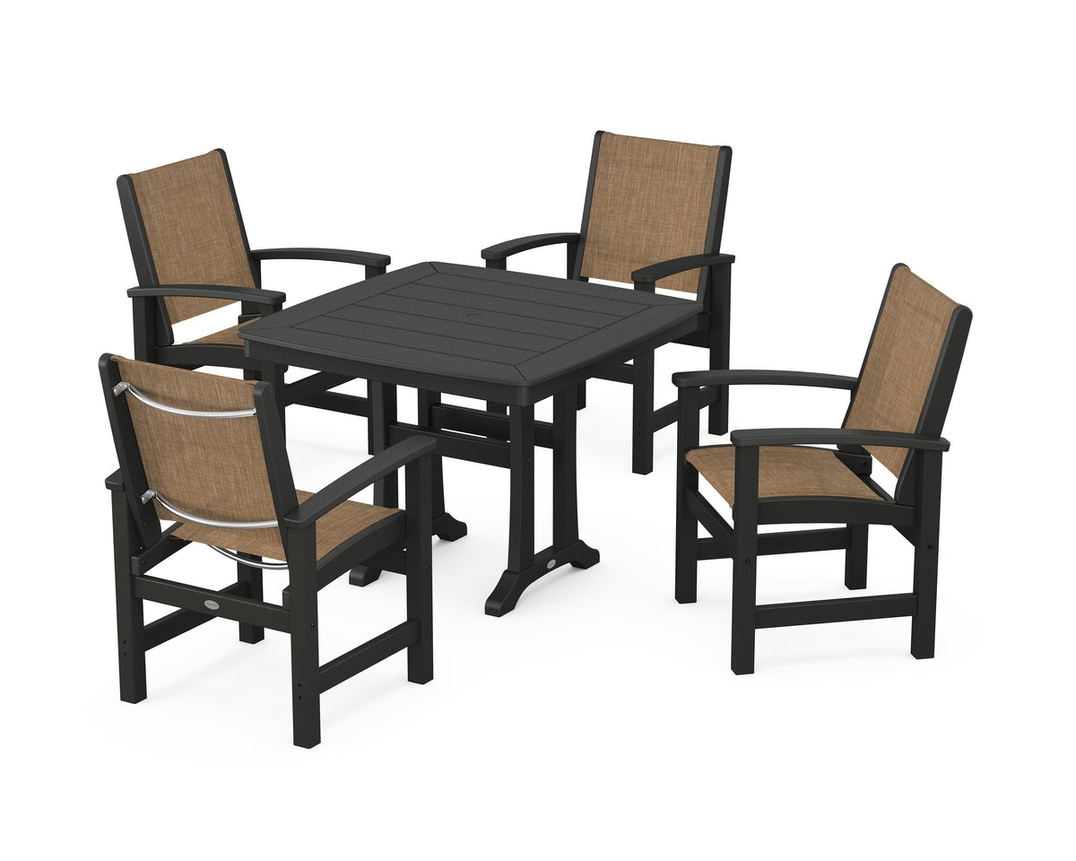 POLYWOOD Coastal 5-Piece Dining Set with Trestle Legs with Nautical Trestle 37" Dining Table in Black / Burlap