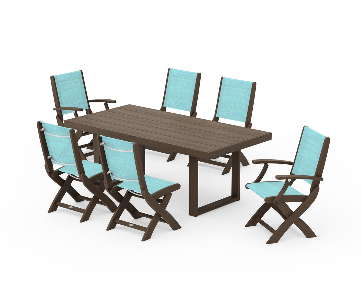 POLYWOOD Coastal Folding Chair 7-Piece Dining Set with Trestle Legs with EDGE 40" x 78" Dining Table in Kona / Dupioni Aquamarine