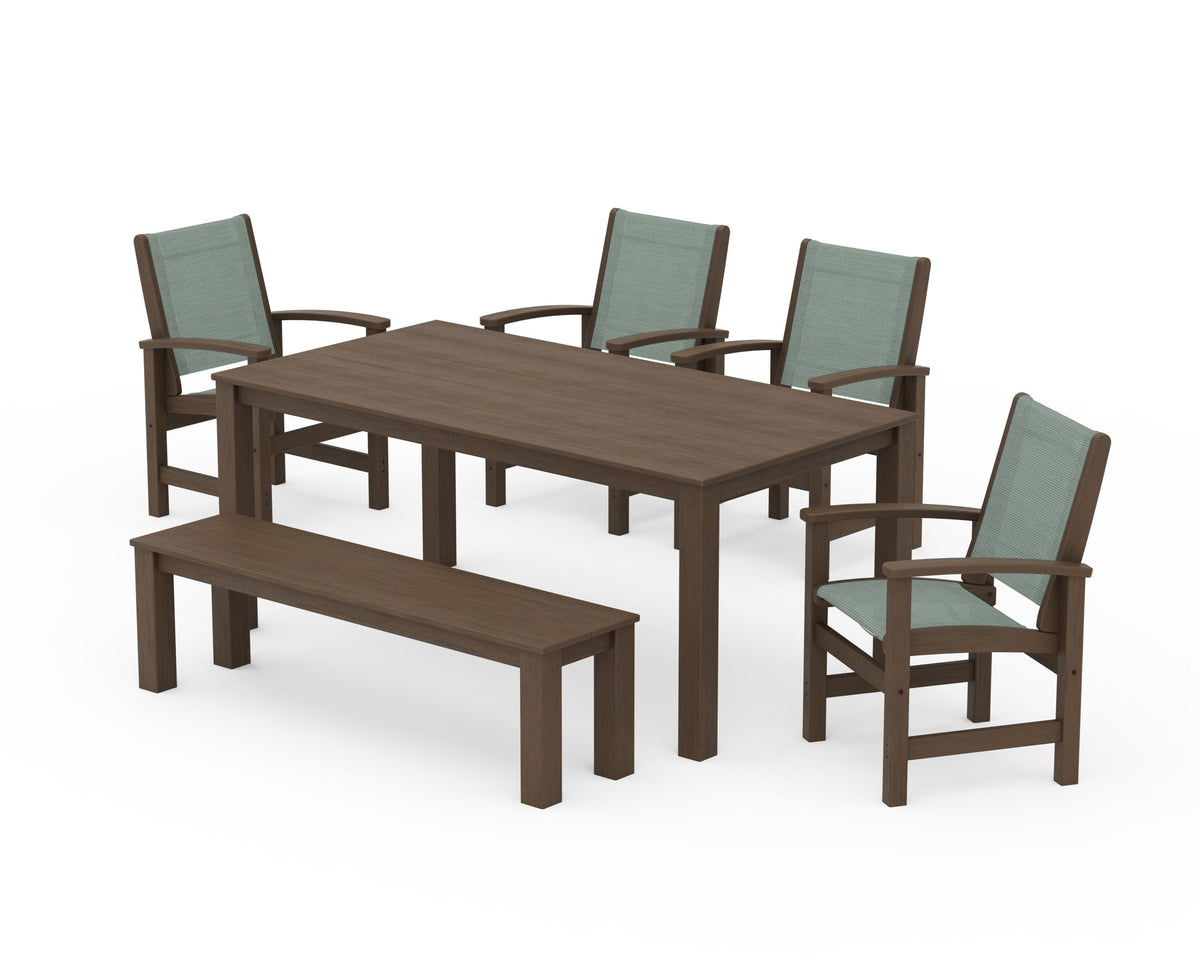 POLYWOOD Coastal 6-Piece Parsons Dining Set with Bench in Kona / Dupioni Sea Mist