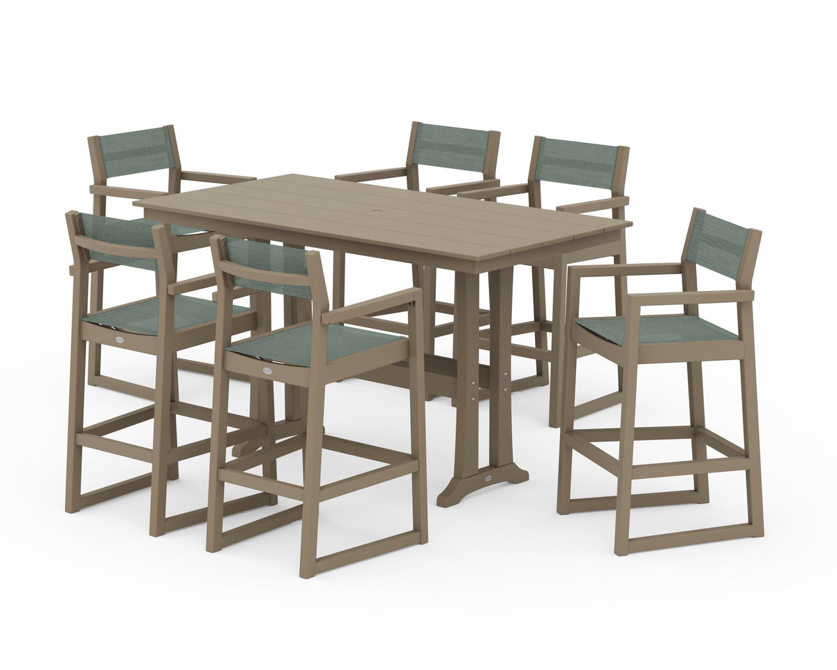 POLYWOOD EDGE Sling Arm Chair 7-Piece Farmhouse Bar Set with Trestle Legs in Vintage Sahara / Dupioni Sea Mist