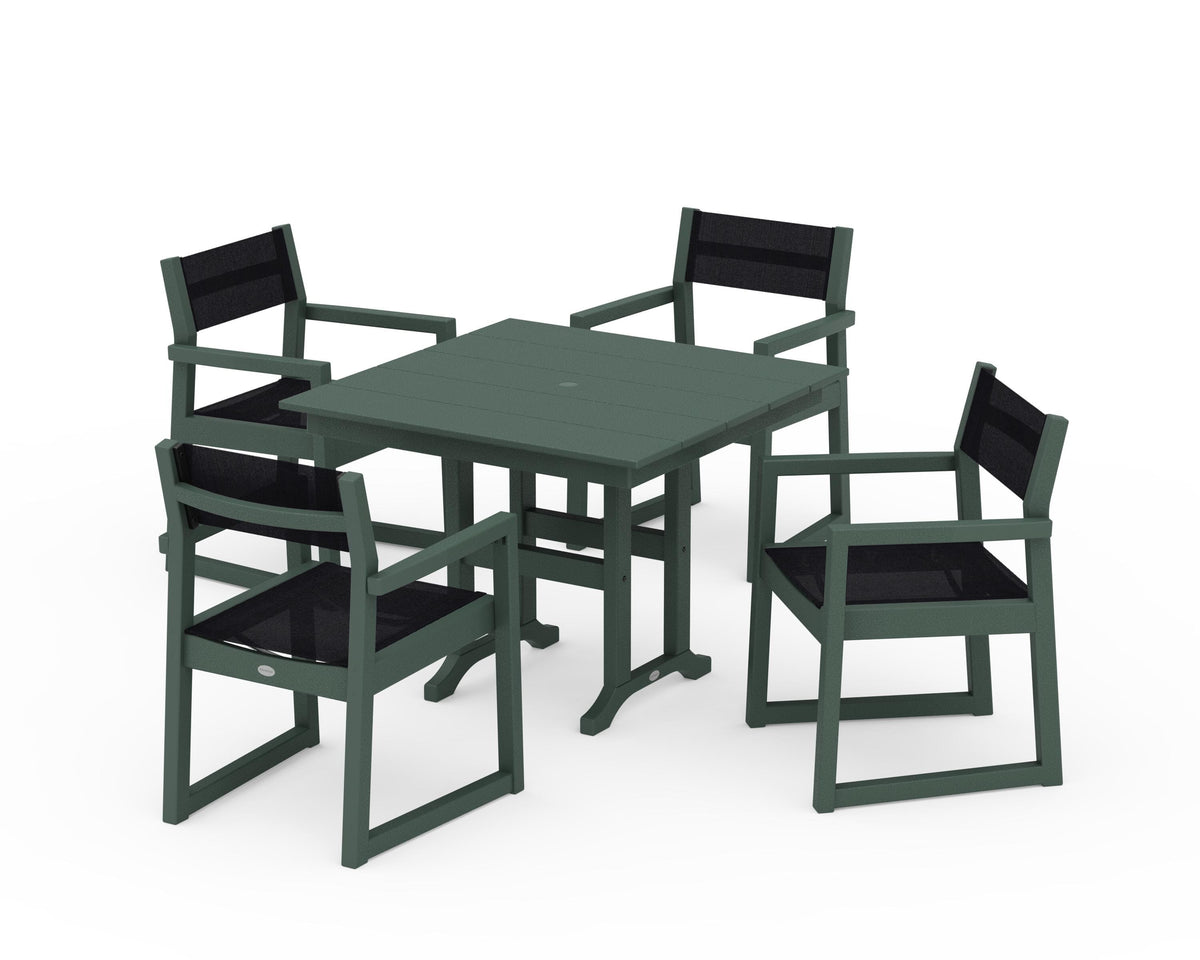 POLYWOOD EDGE Sling Arm Chair 5-Piece Farmhouse Dining Set in Green / Black