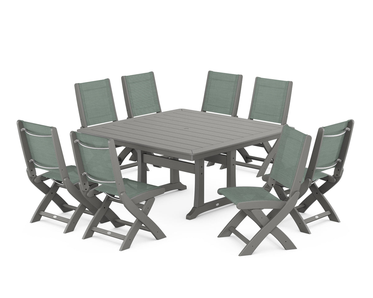 POLYWOOD Coastal Folding Side Chair 9-Piece Dining Set with Trestle Legs in Slate Grey / Dupioni Sea Mist