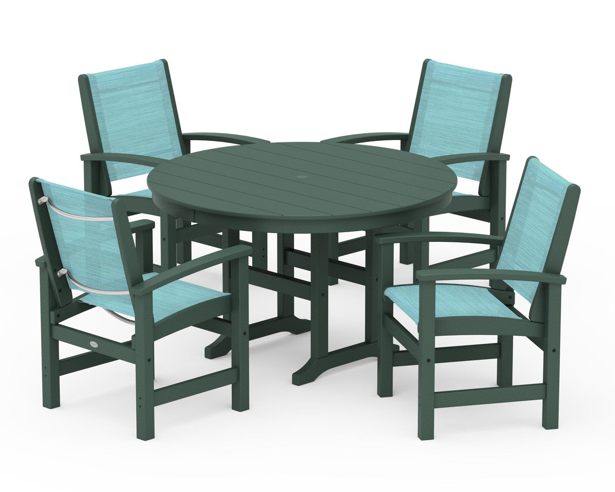 POLYWOOD Coastal 5-Piece Round Farmhouse Dining Set in Green / Dupioni Aquamarine