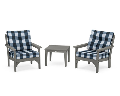 POLYWOOD Vineyard 3-Piece Deep Seating Set in Slate Grey / Buffalo Plaid Marine Indigo