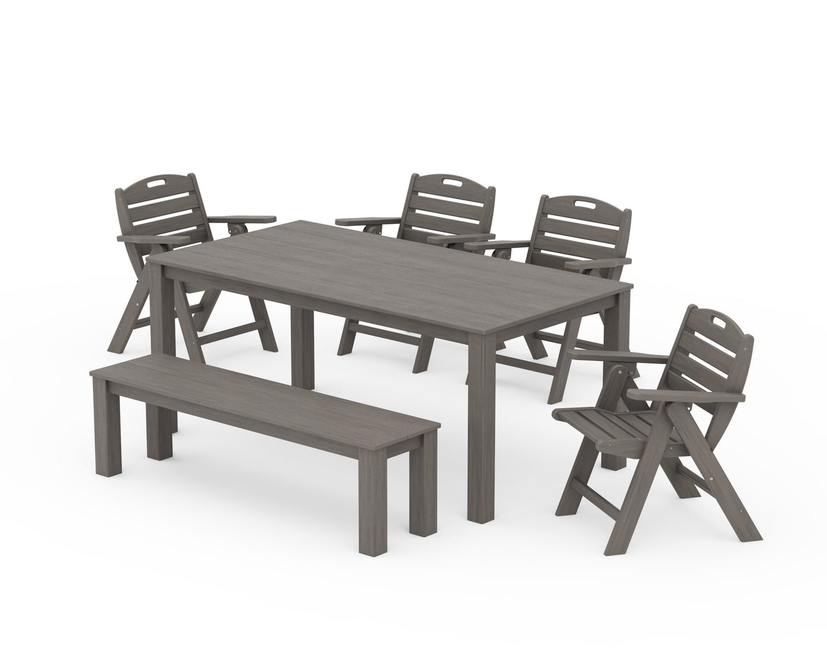 POLYWOOD Nautical Folding Lowback Chair 6-Piece Parsons Dining Set with Bench in Driftwood
