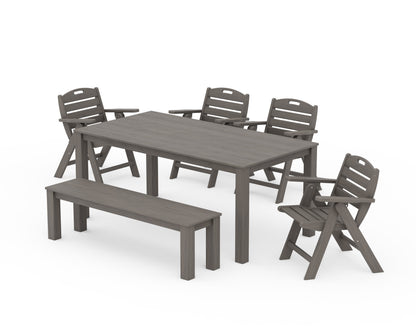 POLYWOOD Nautical Folding Lowback Chair 6-Piece Parsons Dining Set with Bench in Driftwood