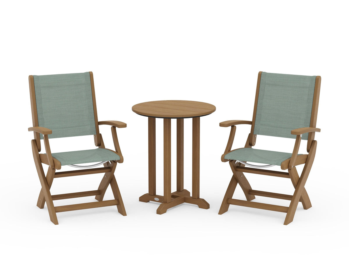 POLYWOOD Coastal Folding 3-Piece Round Bistro Dining Set in Natural / Dupioni Sea Mist