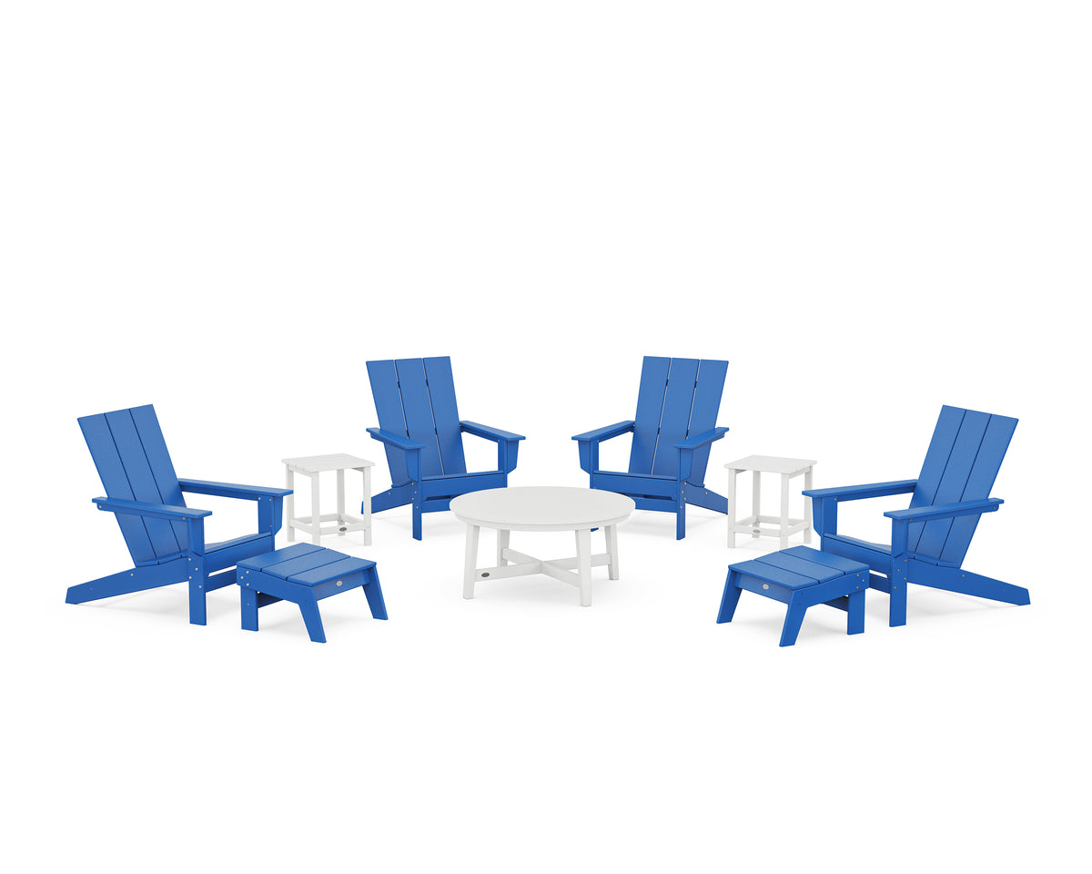 POLYWOOD Modern Studio Adirondack 9-Piece Conversation Set in Pacific Blue / White