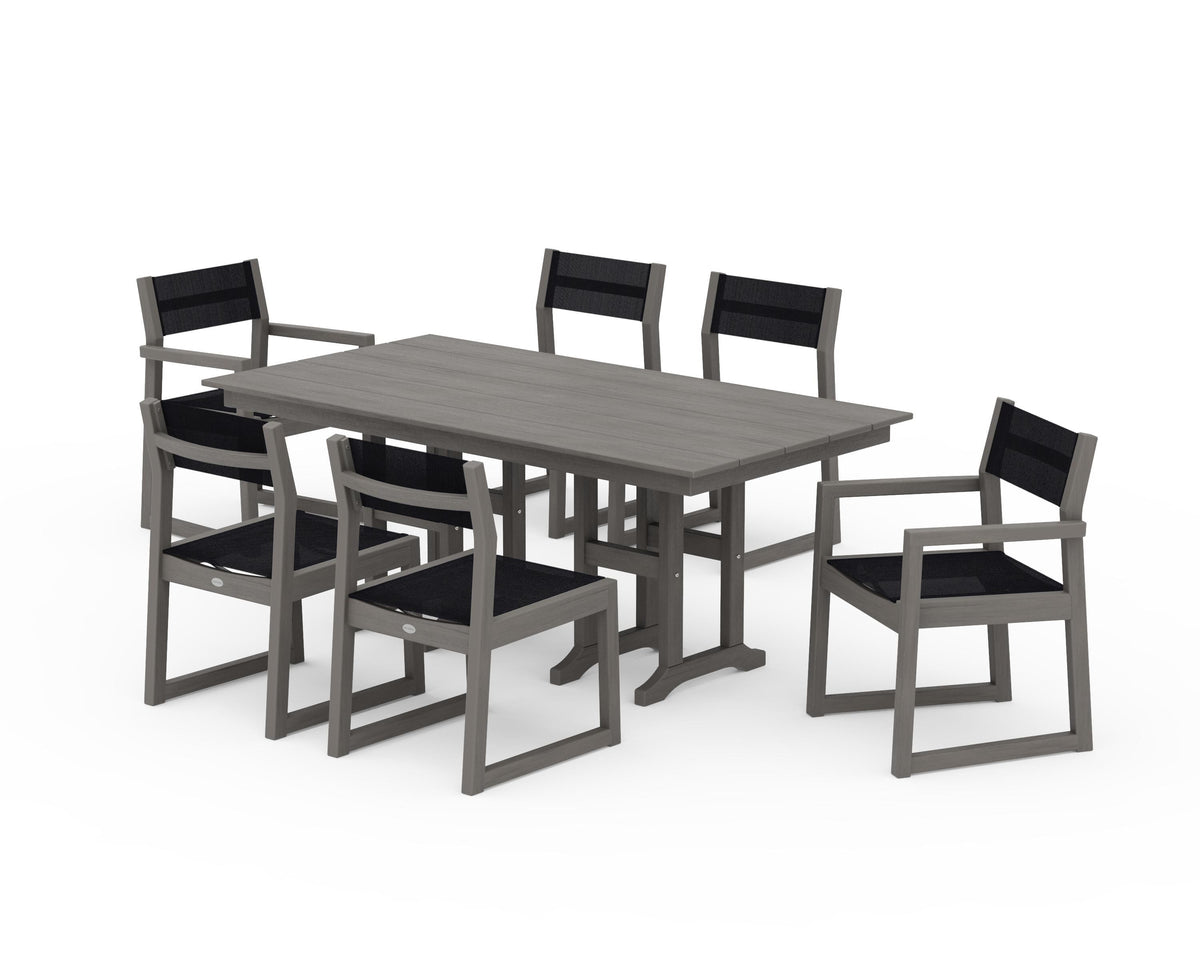 POLYWOOD EDGE Sling 7-Piece Farmhouse Dining Set in Driftwood / Black