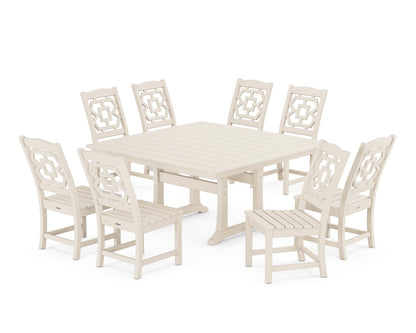 POLYWOOD Chinoiserie 9-Piece Square Side Chair Dining Set with Trestle Legs in Sand