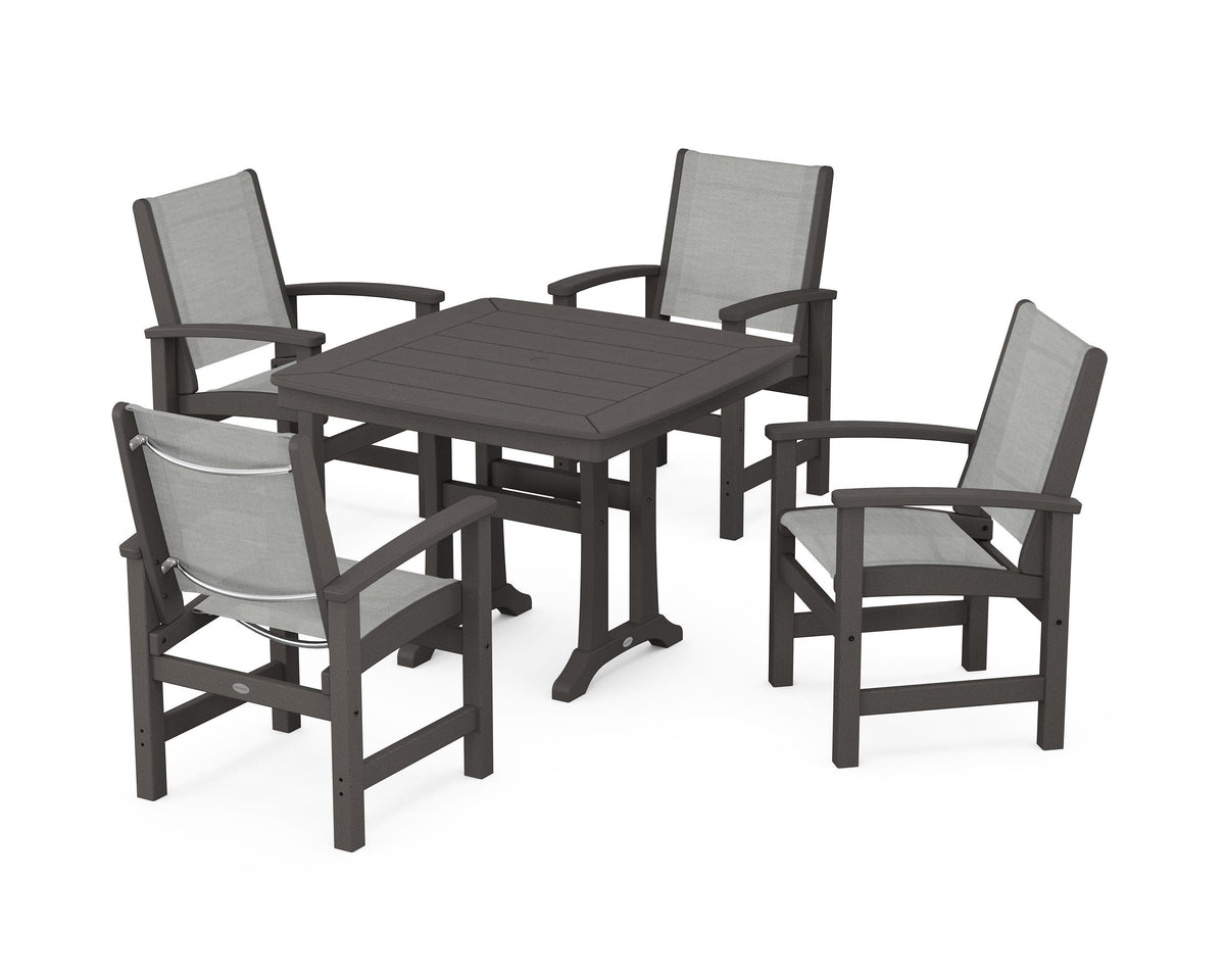 POLYWOOD Coastal 5-Piece Dining Set with Trestle Legs with Nautical Trestle 37" Dining Table in Vintage Coffee / Metallic
