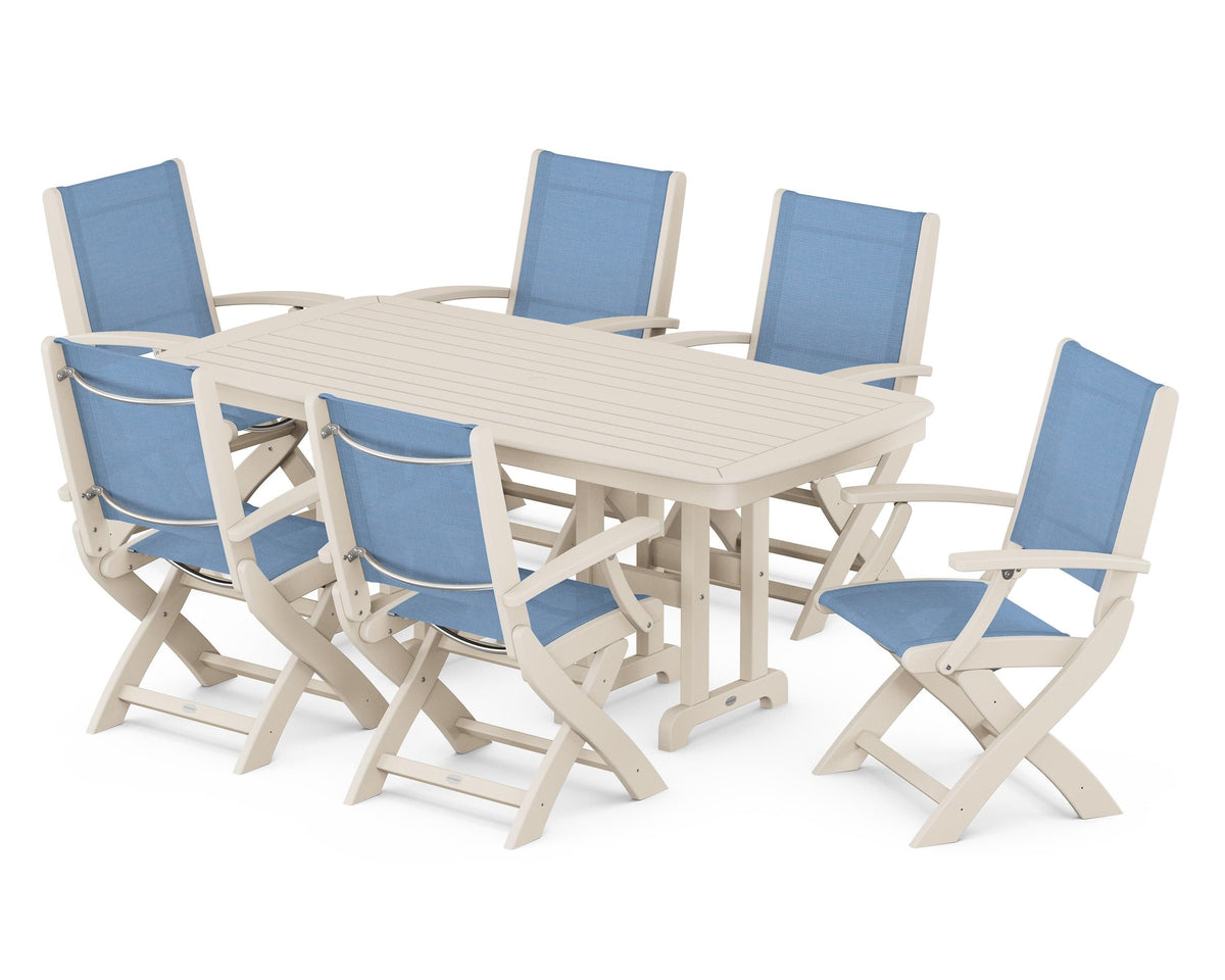 POLYWOOD Coastal Folding Arm Chair 7-Piece Dining Set in Sand / Poolside
