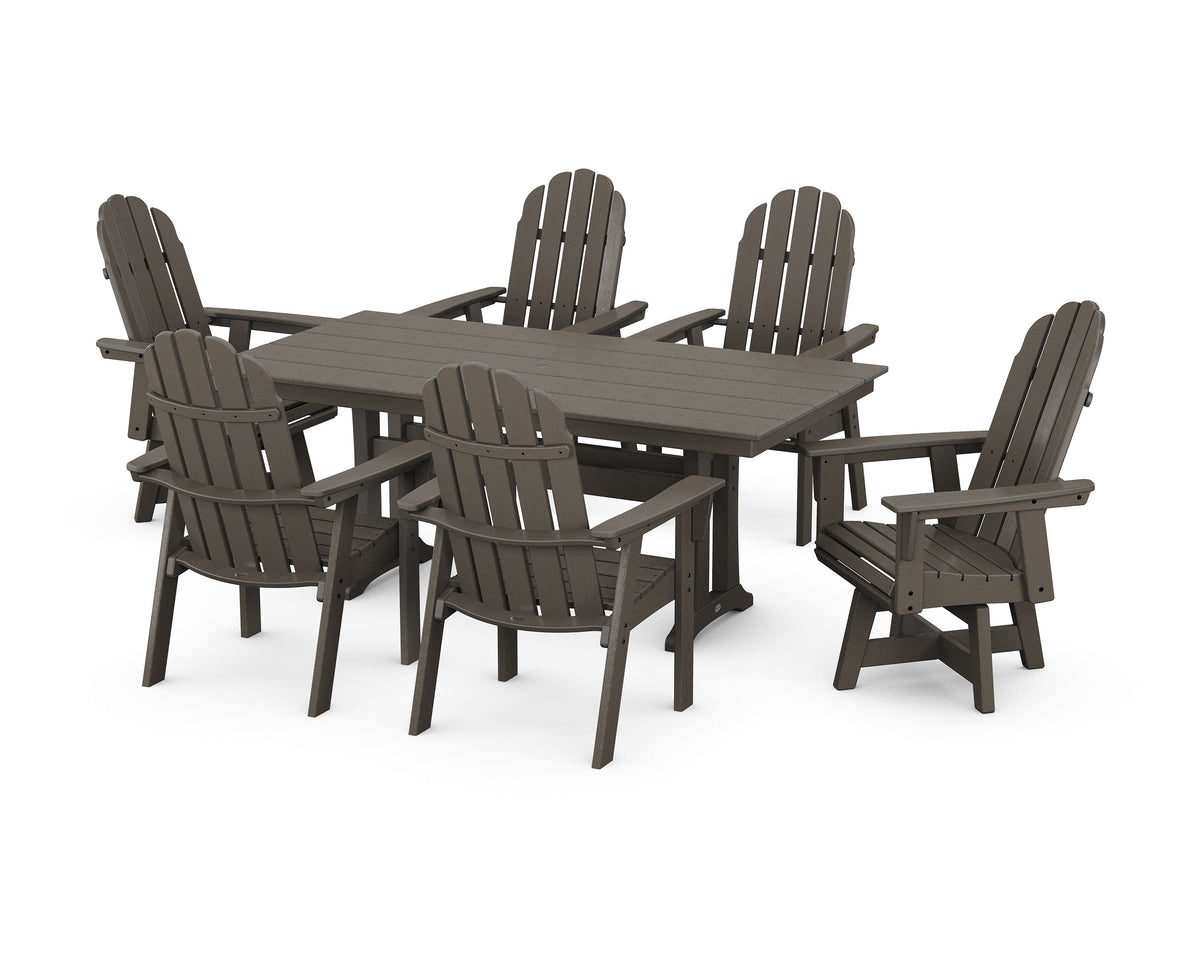 POLYWOOD Vineyard Curveback Adirondack Swivel Chair 7-Piece Farmhouse Dining Set with Trestle Legs in Vintage Coffee