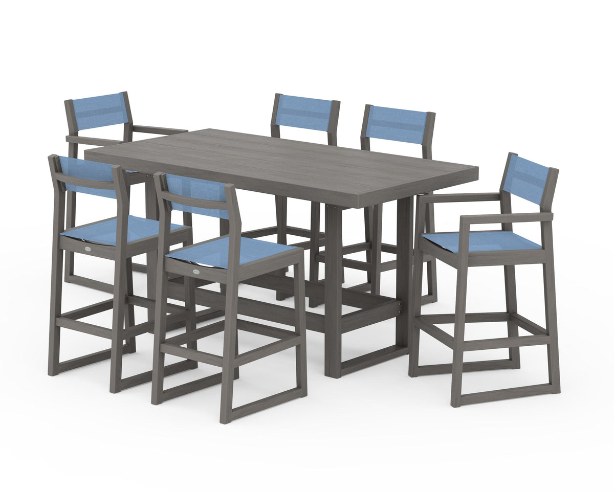 POLYWOOD EDGE Sling 7-Piece Bar Table Set in Driftwood / Poolside