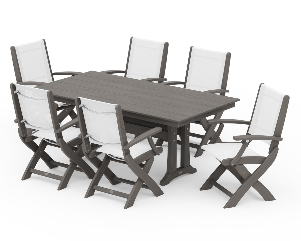 POLYWOOD Coastal Folding Arm Chair 7-Piece Farmhouse Dining Set with Trestle Legs in Driftwood / White