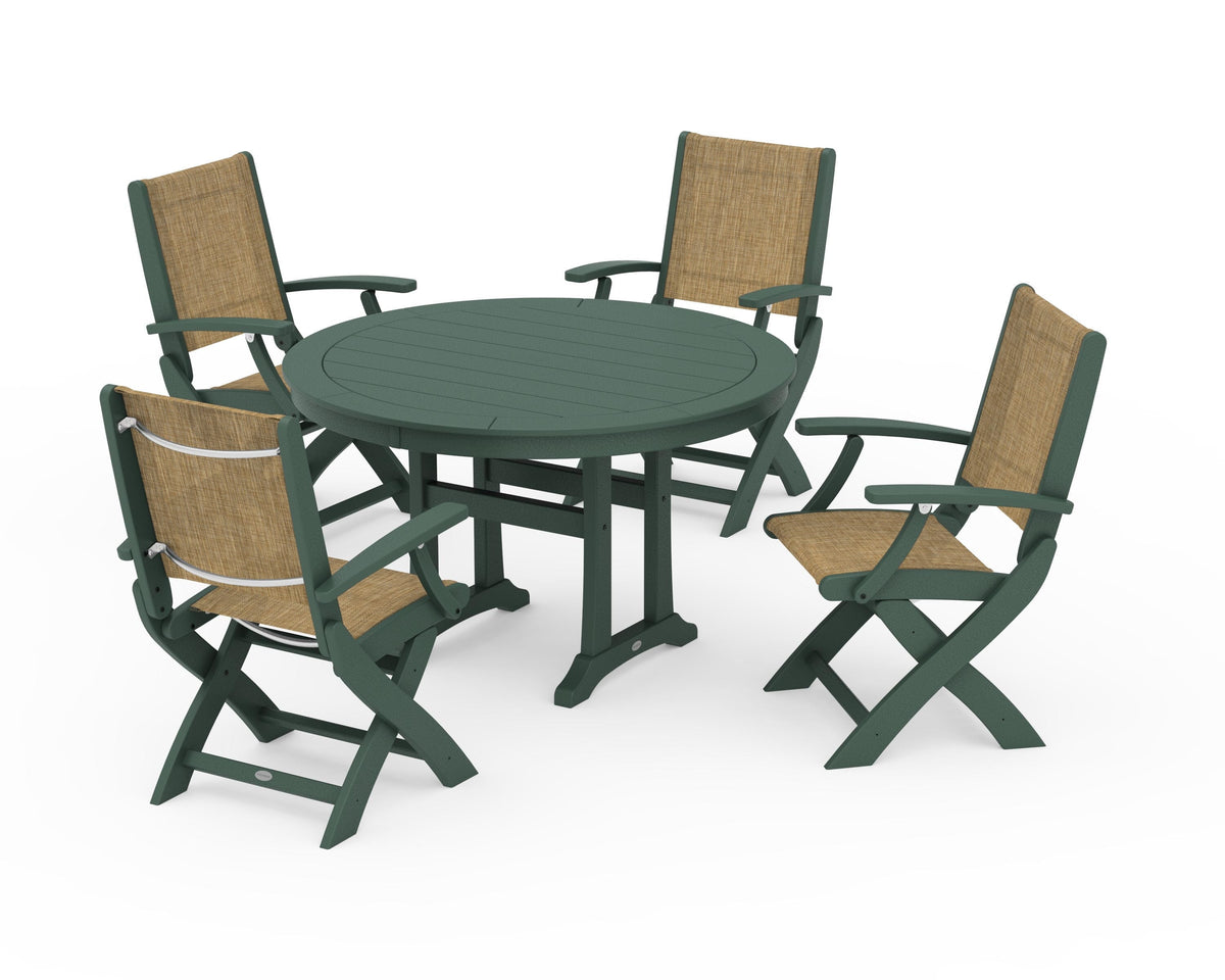 POLYWOOD Coastal Folding Chair 5-Piece Round Dining Set with Trestle Legs in Green / Burlap