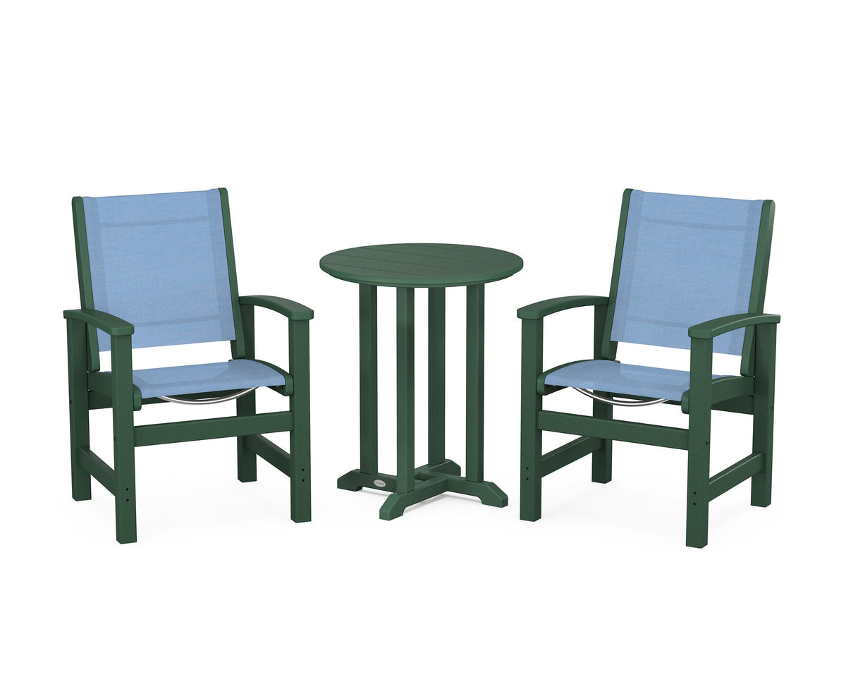 POLYWOOD Coastal 3-Piece Round Bistro Dining Set in Green / Poolside