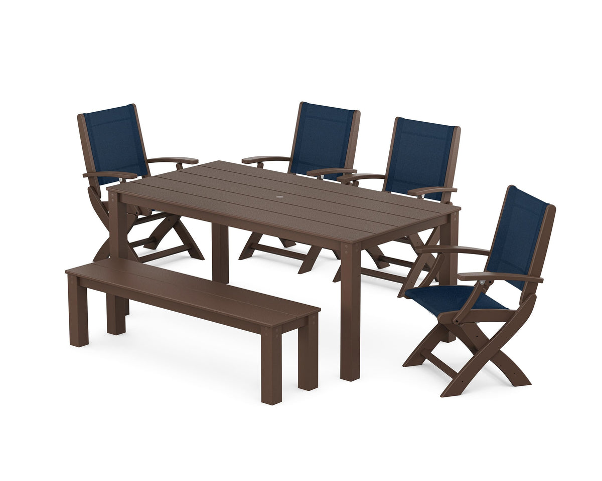 POLYWOOD Coastal Folding Chair 6-Piece Parsons Dining Set with Bench in Mahogany / Navy Blue