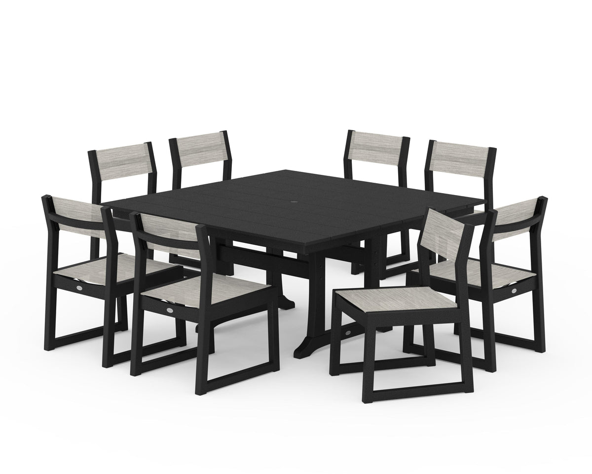POLYWOOD EDGE Sling Side Chair 9-Piece Farmhouse Trestle Dining Set in Black / Birch