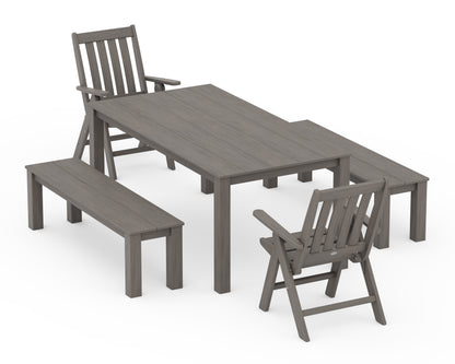 POLYWOOD Vineyard Folding Chair 5-Piece Parsons Dining Set with Benches in Driftwood