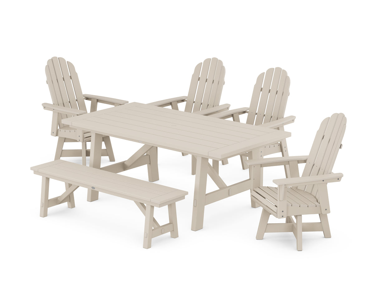 POLYWOOD Vineyard Curveback Adirondack Swivel Chair 6-Piece Rustic Farmhouse Dining Set with Bench in Sand