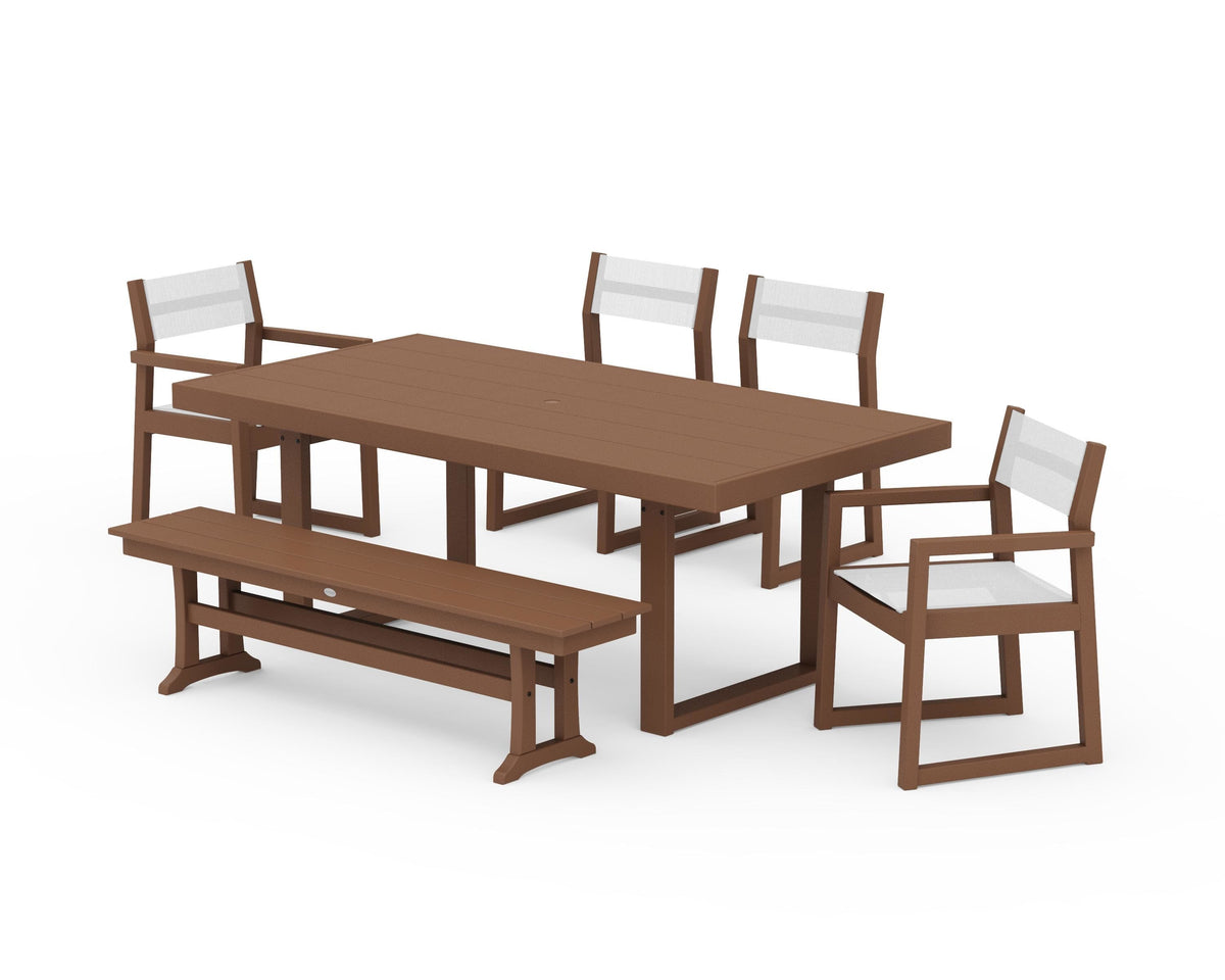 POLYWOOD EDGE Sling 6-Piece Dining Set with Bench in Teak / White