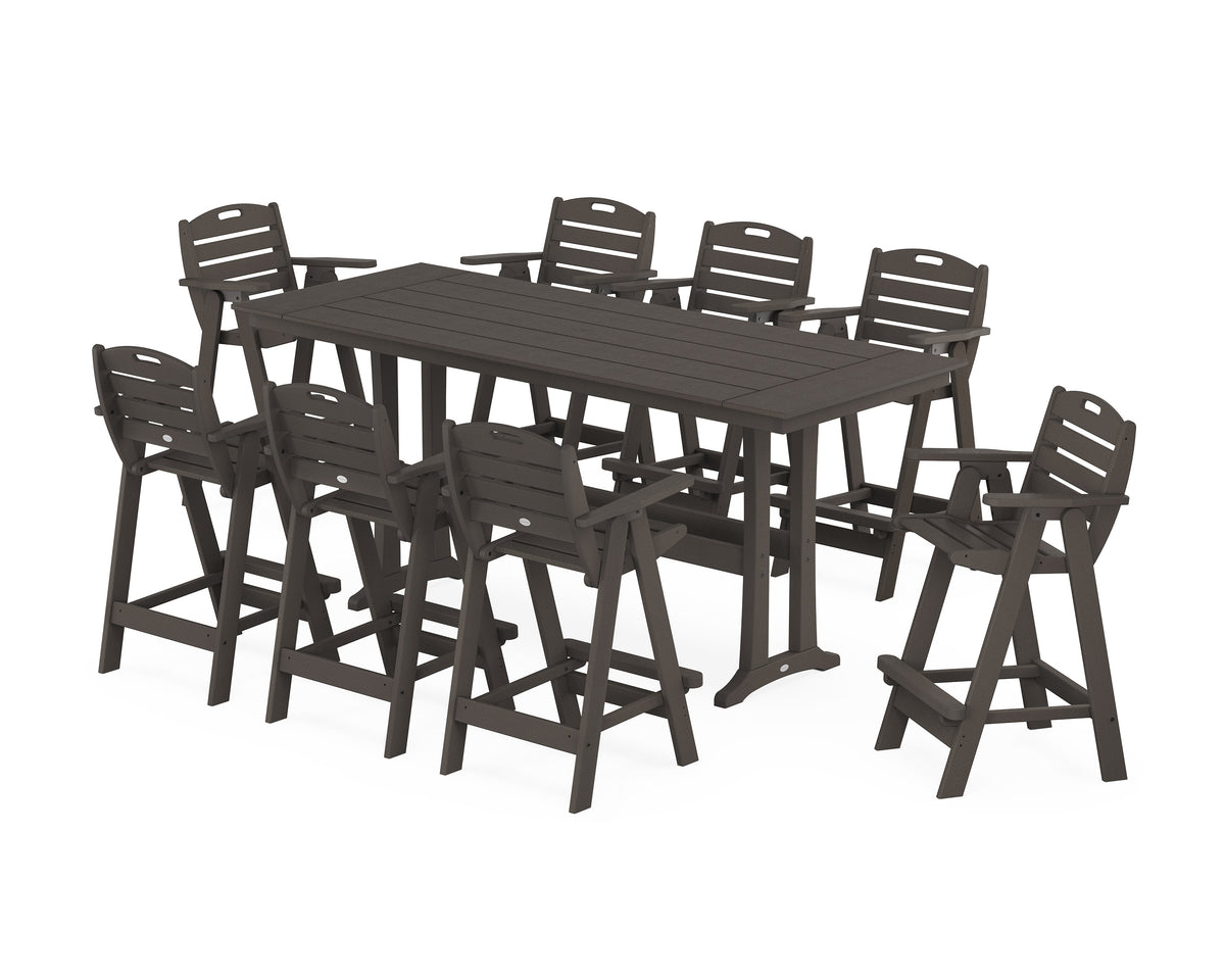POLYWOOD Nautical 9-Piece Farmhouse Bar Set with Trestle Legs in Vintage Coffee