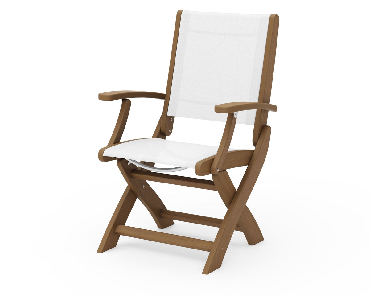 POLYWOOD Coastal Folding Chair in Natural with Natural arms and White sling