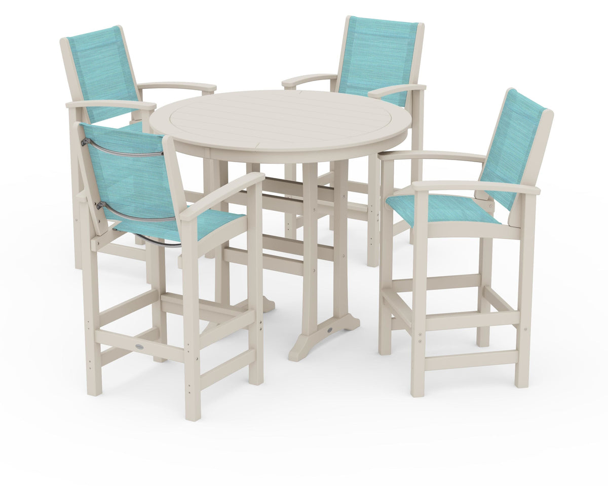 POLYWOOD Coastal 5-Piece Nautical Trestle Bar Set in Sand / Dupioni Aquamarine