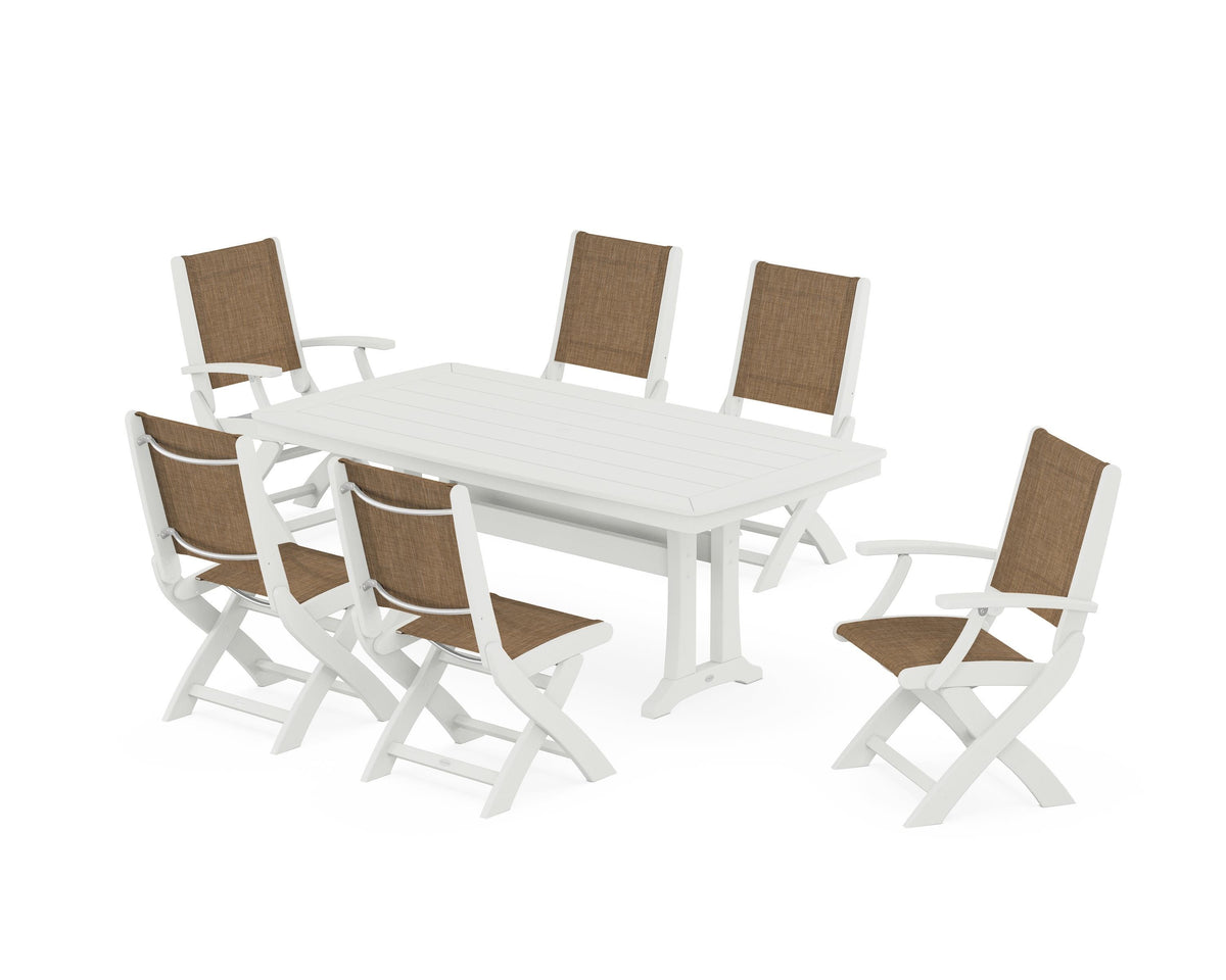 POLYWOOD Coastal Folding Chair 7-Piece Dining Set with Trestle Legs with Nautical Trestle 38" x 73" Dining Table in Vintage White / Burlap