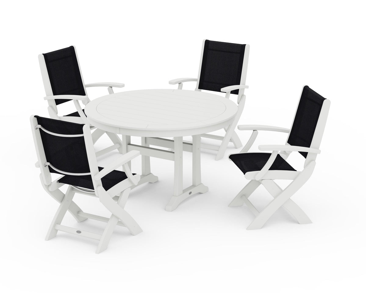 POLYWOOD Coastal Folding Chair 5-Piece Round Dining Set with Trestle Legs in Vintage White / Black