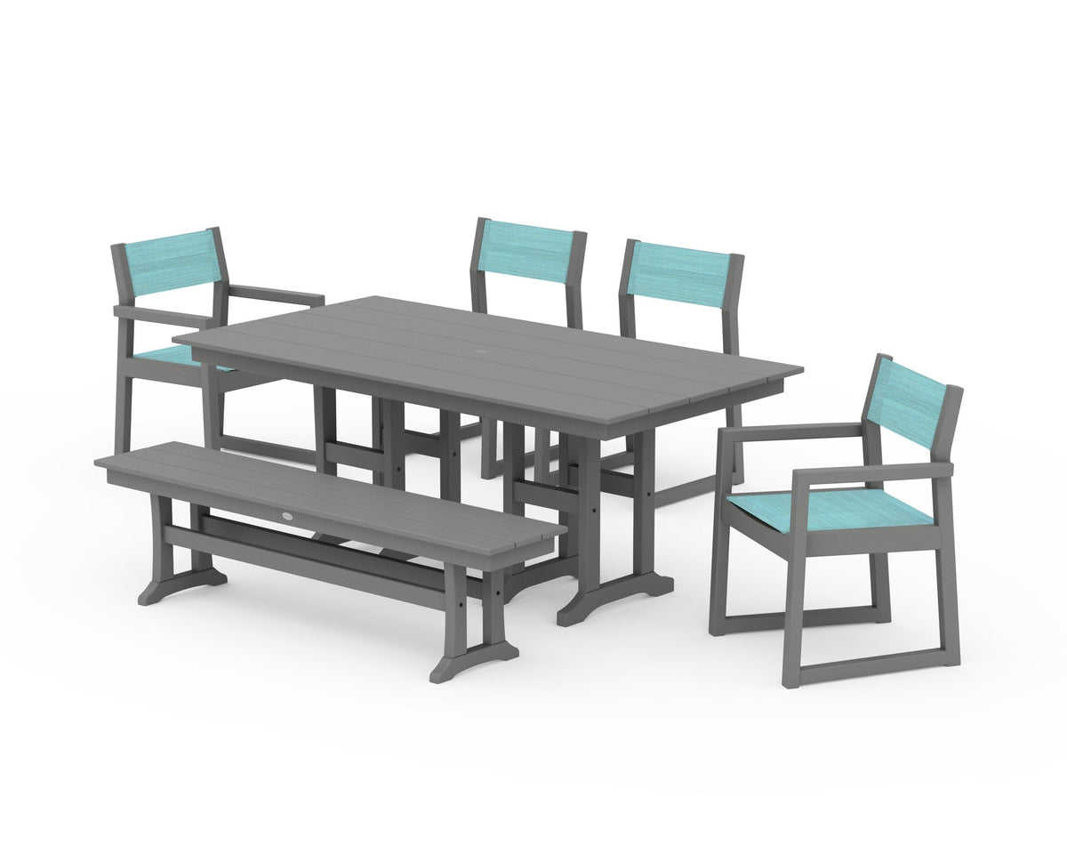 POLYWOOD EDGE Sling 6-Piece Farmhouse Dining Set in Slate Grey / Dupioni Aquamarine