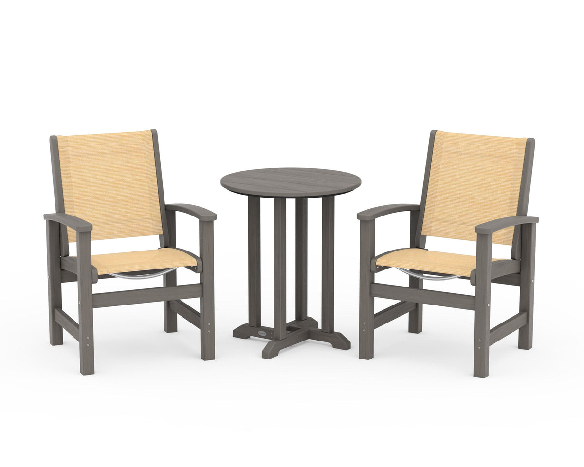 POLYWOOD Coastal 3-Piece Round Bistro Dining Set in Driftwood / Dupioni Apricot