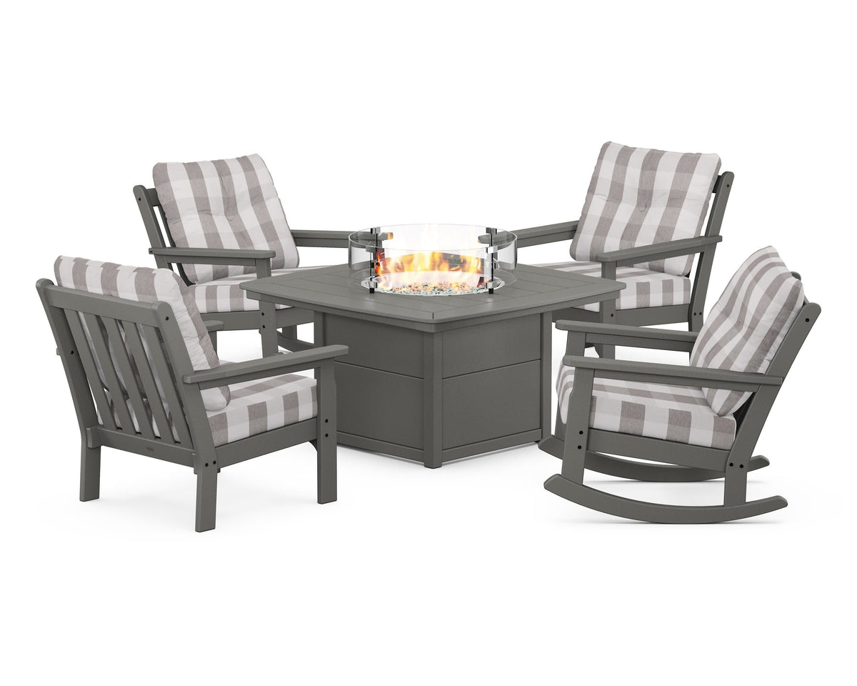 POLYWOOD Vineyard 5-Piece Deep Seating Rocking Chair Conversation Set with Fire Pit Table in Slate Grey / Buffalo Plaid Grey Mist