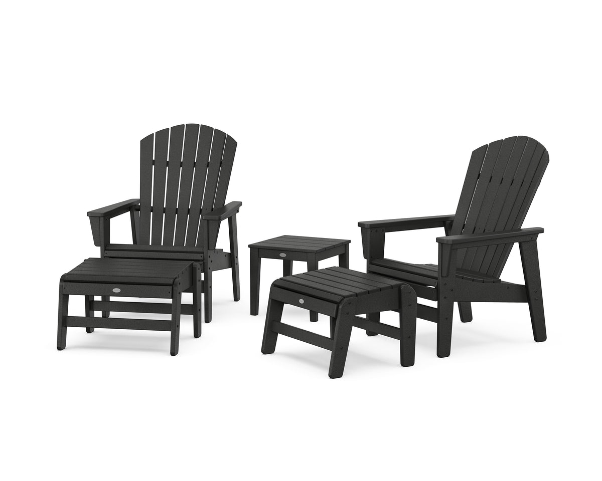 POLYWOOD 5-Piece Nautical Grand Upright Adirondack Set with Ottomans and Side Table in Black