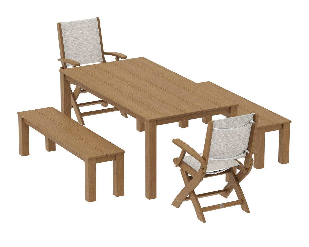 POLYWOOD Coastal Folding Chair 5-Piece Parsons Dining Set with Benches in Natural / Birch