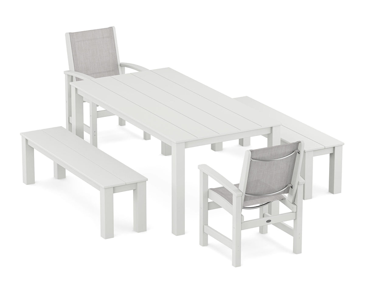 POLYWOOD Coastal 5-Piece Parsons Dining Set with Benches in White / Parchment