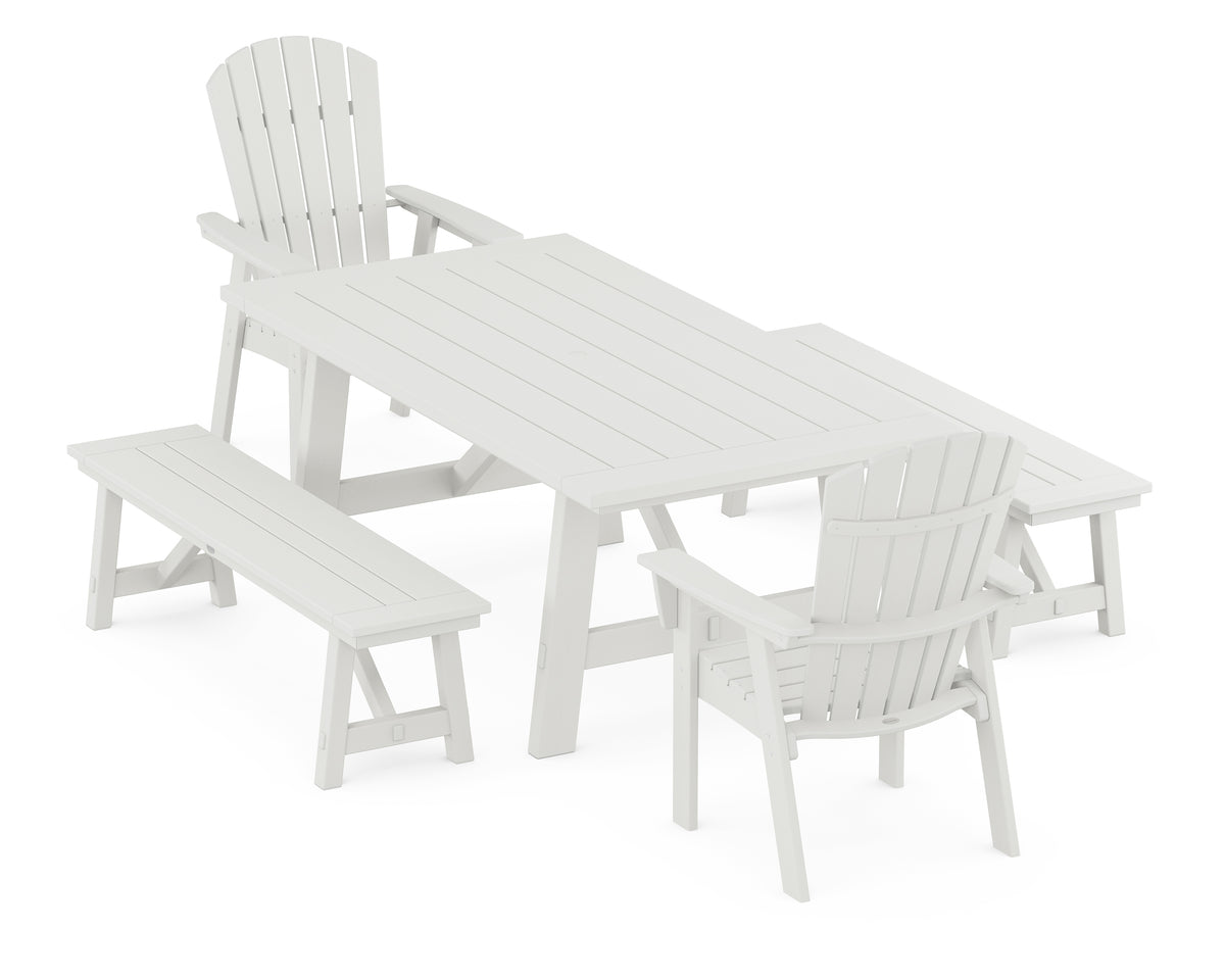 POLYWOOD Nautical Curveback Adirondack 5-Piece Rustic Farmhouse Dining Set with Benches in Vintage White
