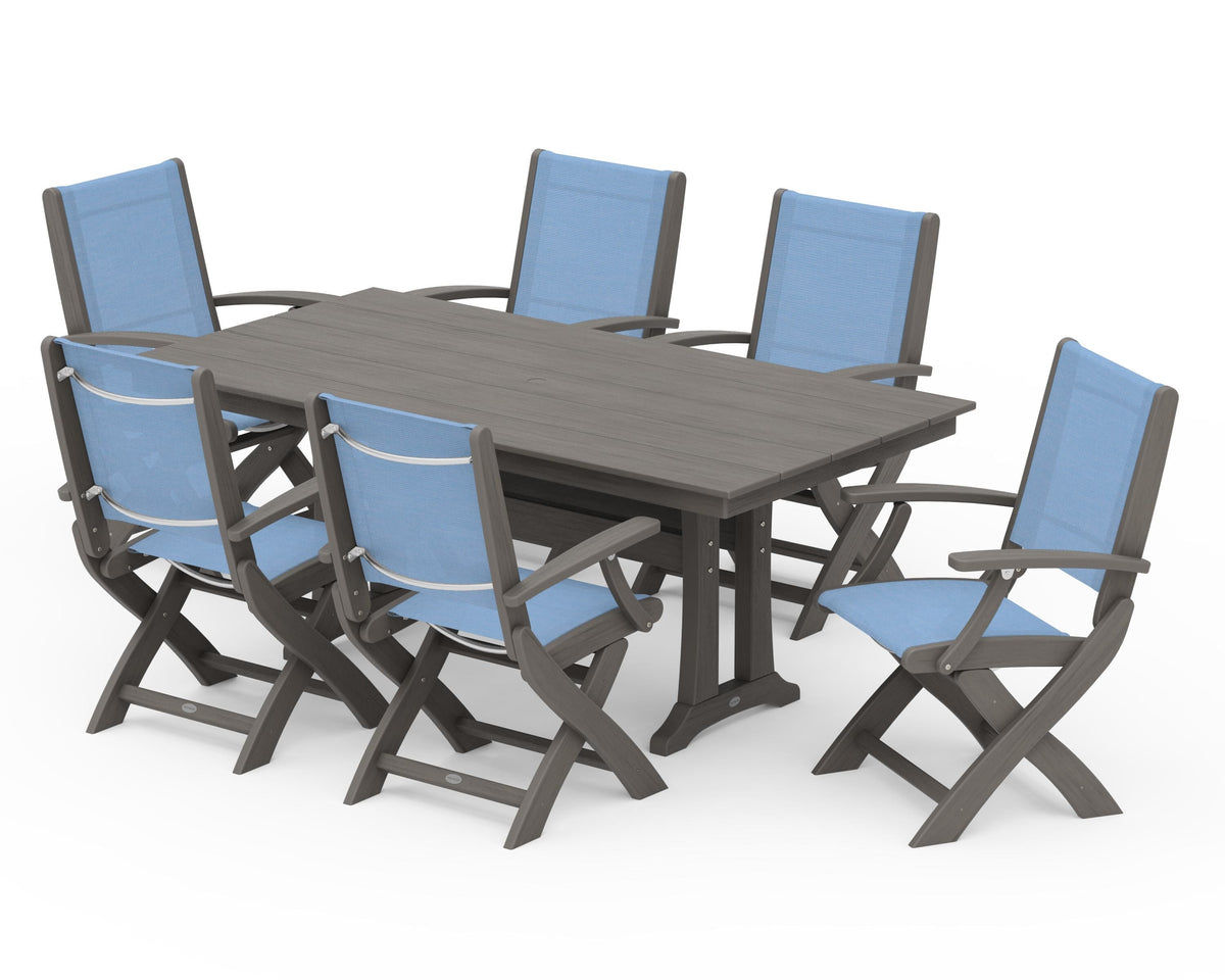 POLYWOOD Coastal Folding Arm Chair 7-Piece Farmhouse Dining Set with Trestle Legs in Driftwood / Poolside