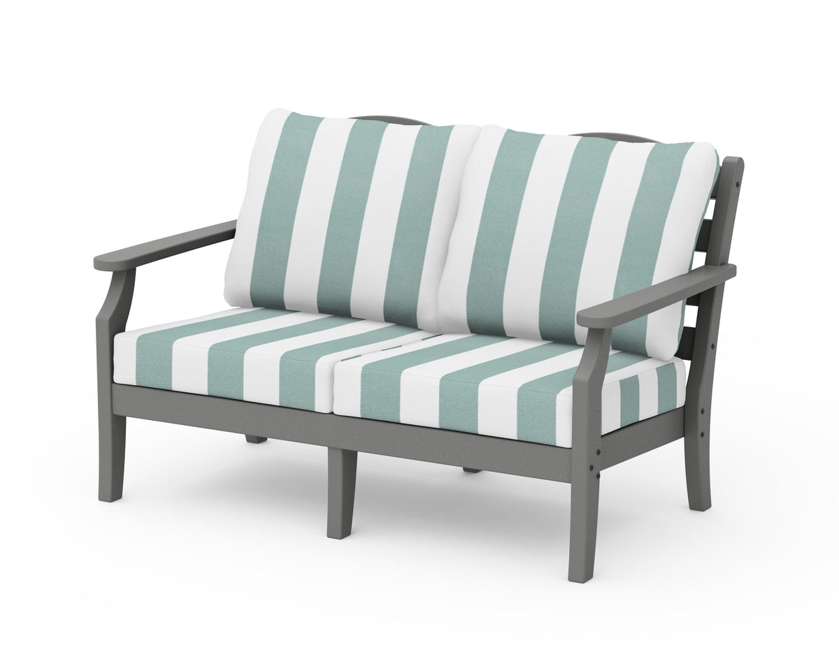 POLYWOOD Savannah Deep Seating Loveseat in Slate Grey / Cabana Stripe Glacier Spa