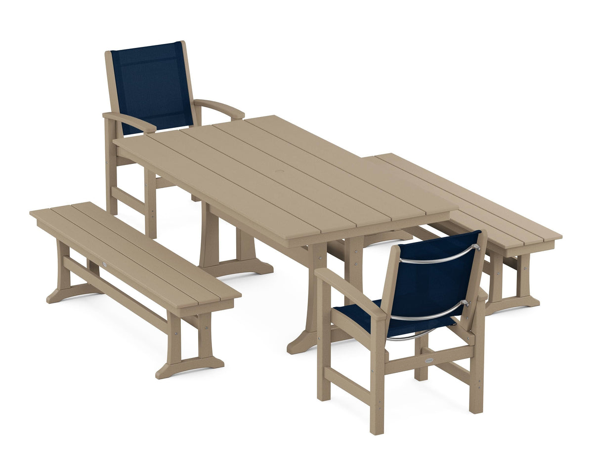 POLYWOOD Coastal 5-Piece Farmhouse Dining Set with Trestle Legs and Benches in Vintage Sahara / Navy Blue