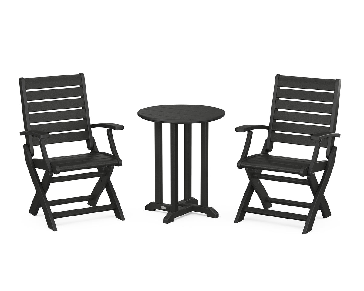 POLYWOOD Signature Folding Chair 3-Piece Round Farmhouse Bistro Dining Set in Black