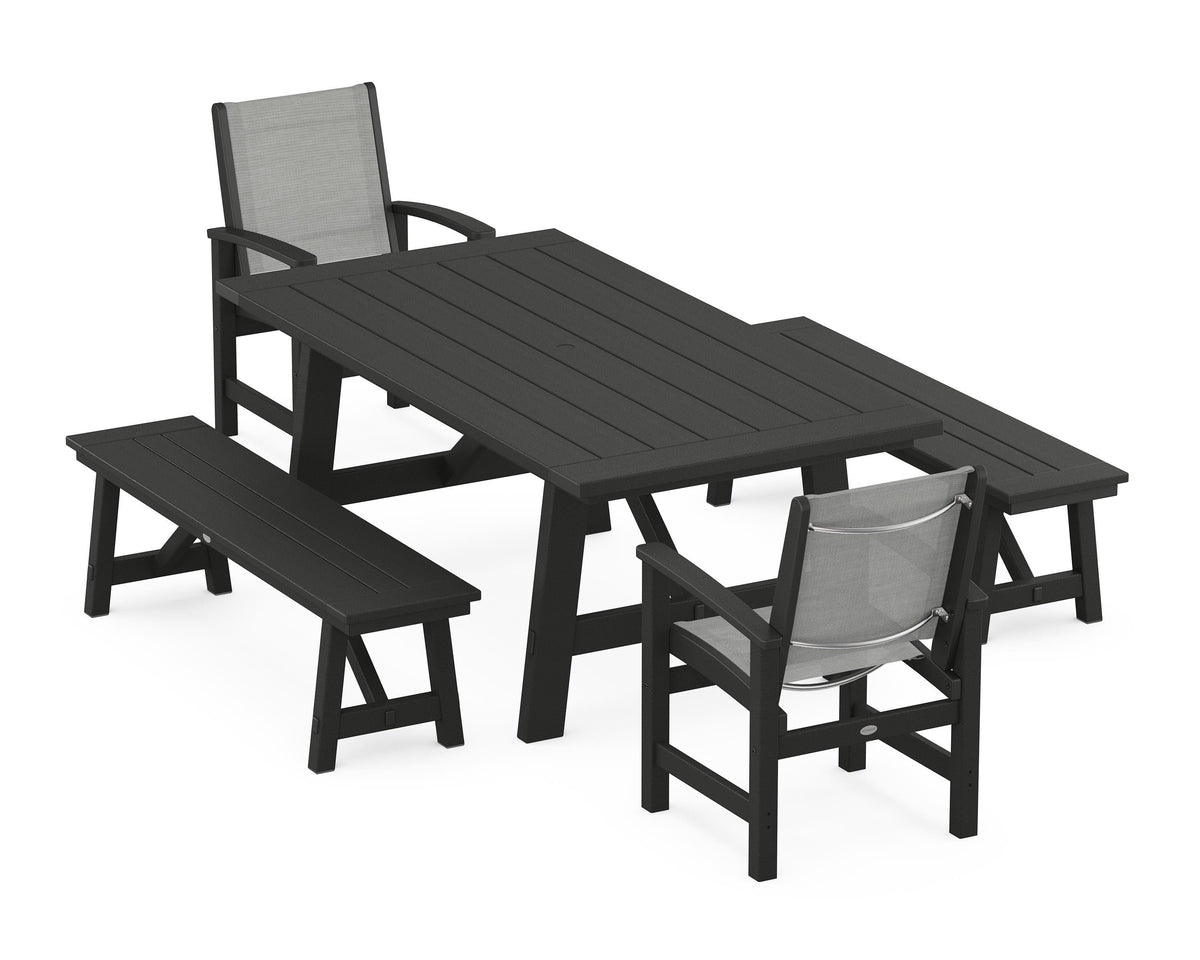 POLYWOOD Coastal 5-Piece Rustic Farmhouse Dining Set With Benches in Black / Metallic