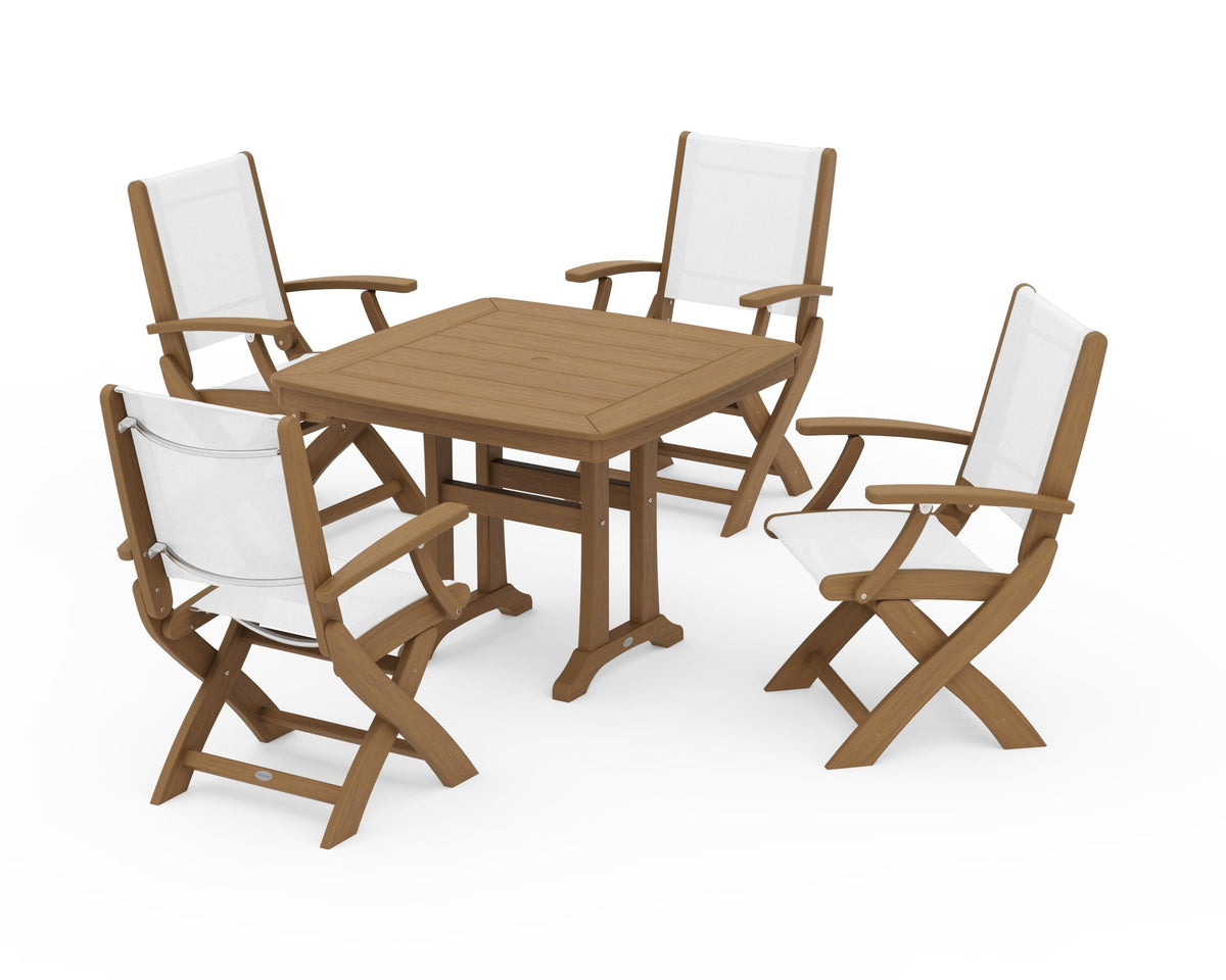 POLYWOOD Coastal Folding Chair 5-Piece Dining Set with Trestle Legs in Natural / White