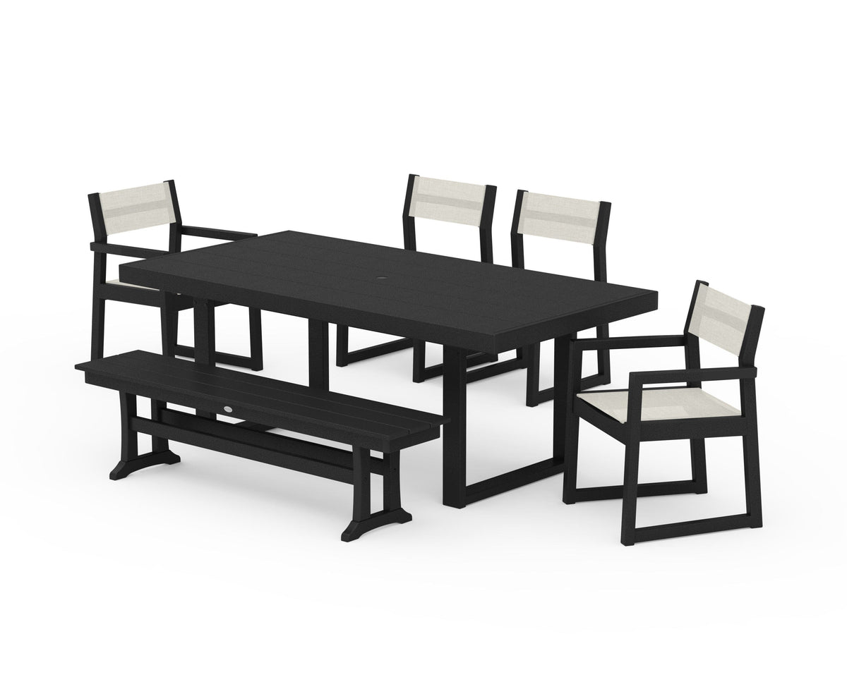 POLYWOOD EDGE Sling 6-Piece Dining Set with Bench in Black / Parchment