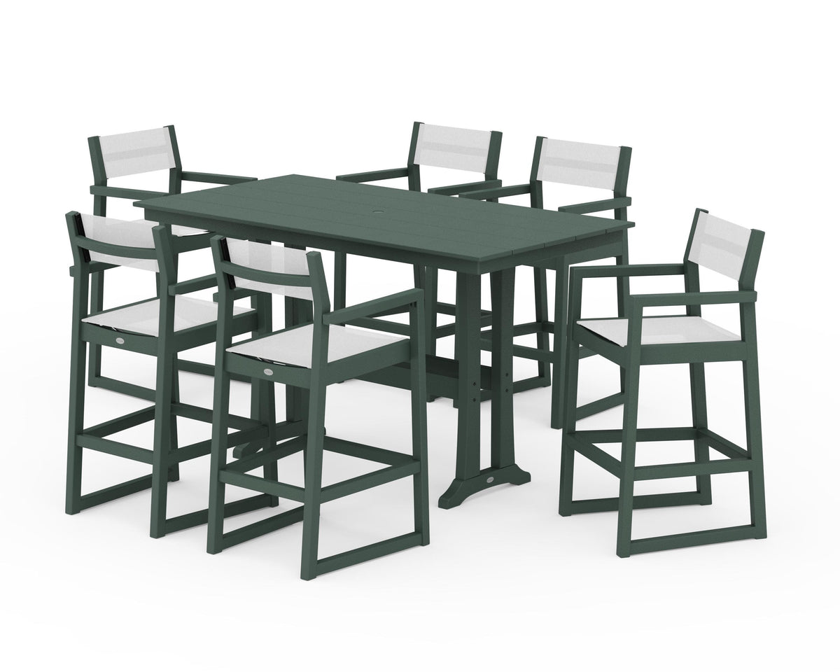 POLYWOOD EDGE Sling Arm Chair 7-Piece Farmhouse Bar Set with Trestle Legs in Green / White