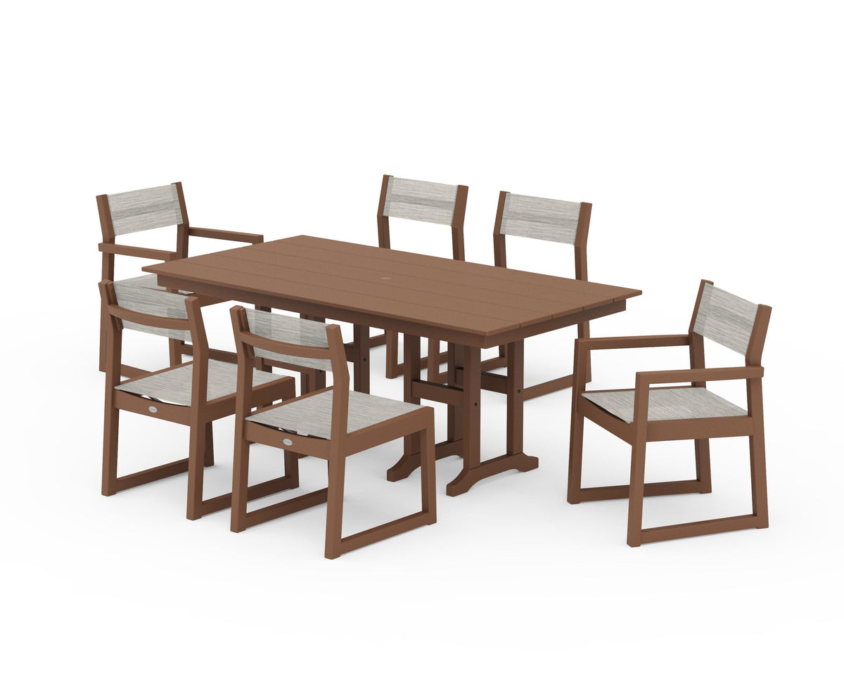 POLYWOOD EDGE Sling 7-Piece Farmhouse Dining Set in Teak / Birch